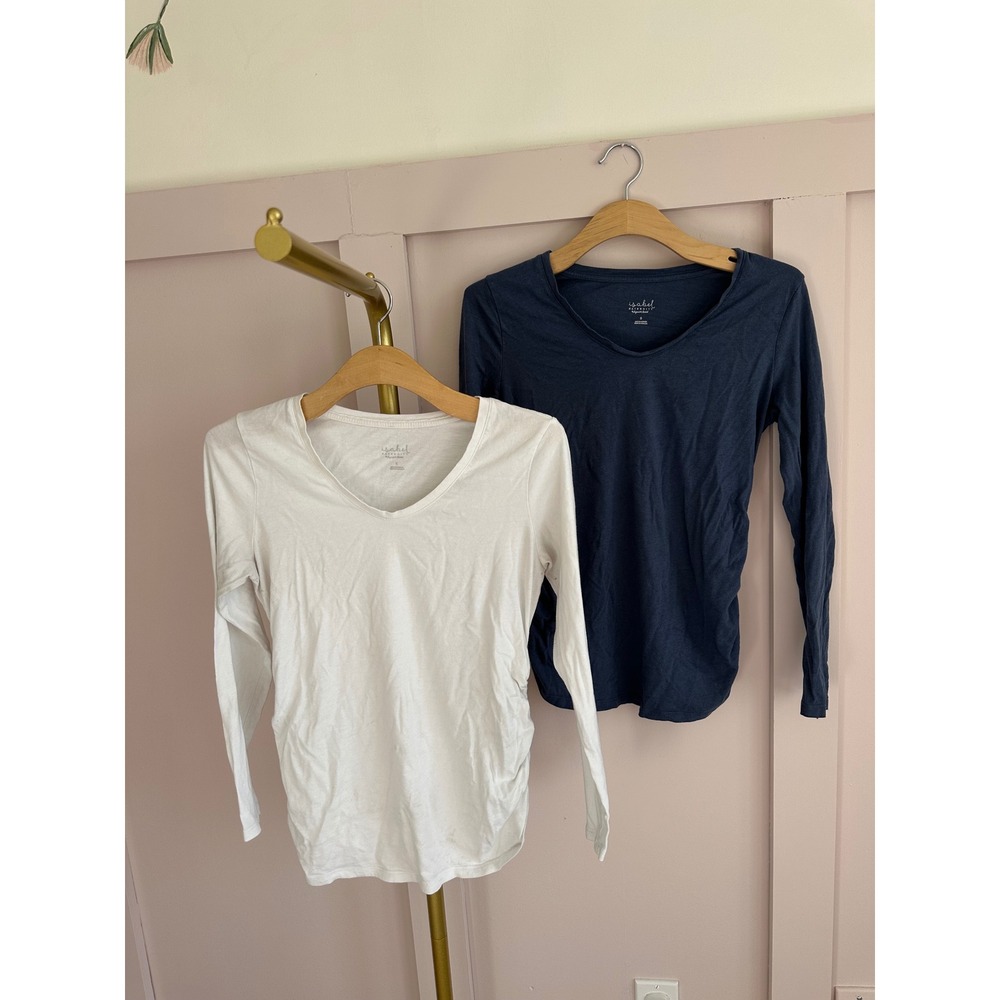 Isabel Maternity Long Sleeve V-Neck T-Shirt Bundle White Navy Blue Small 2 Pack